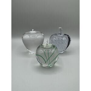 Apple Paperweight Lot Set 3 Controlled Bubble Swirl and Clear Polished Base VTG